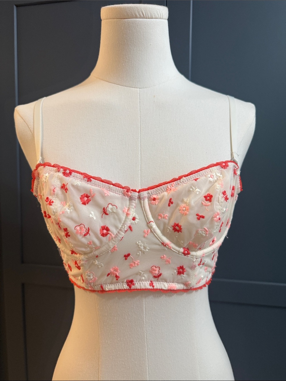aerie Embroidered Longline Bralette in Cream & Coral